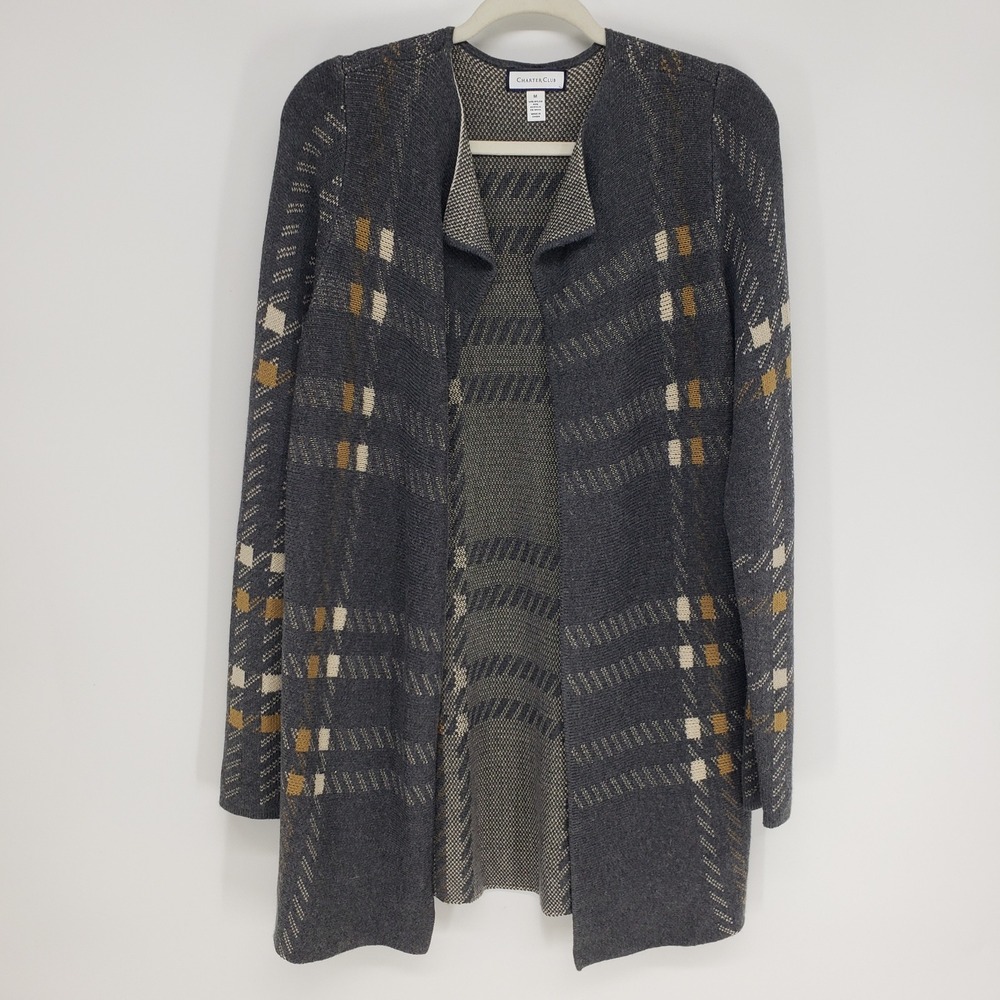 Charter Club Plaid Open Front Cardigan Sweater Women Medium Gray Wool Blend Long